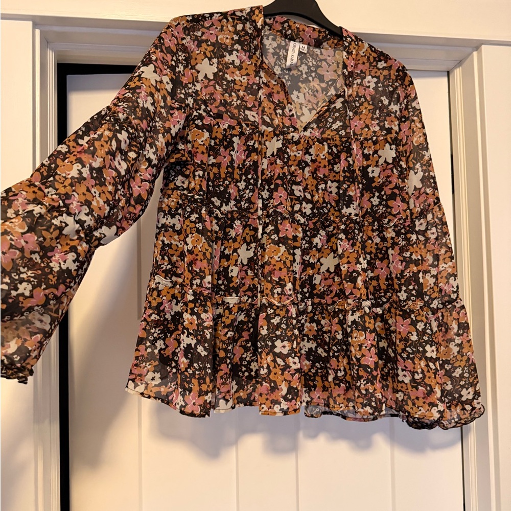 Black and Orange Ruffled Long Sleeve Blouse with Mandarin Collar
